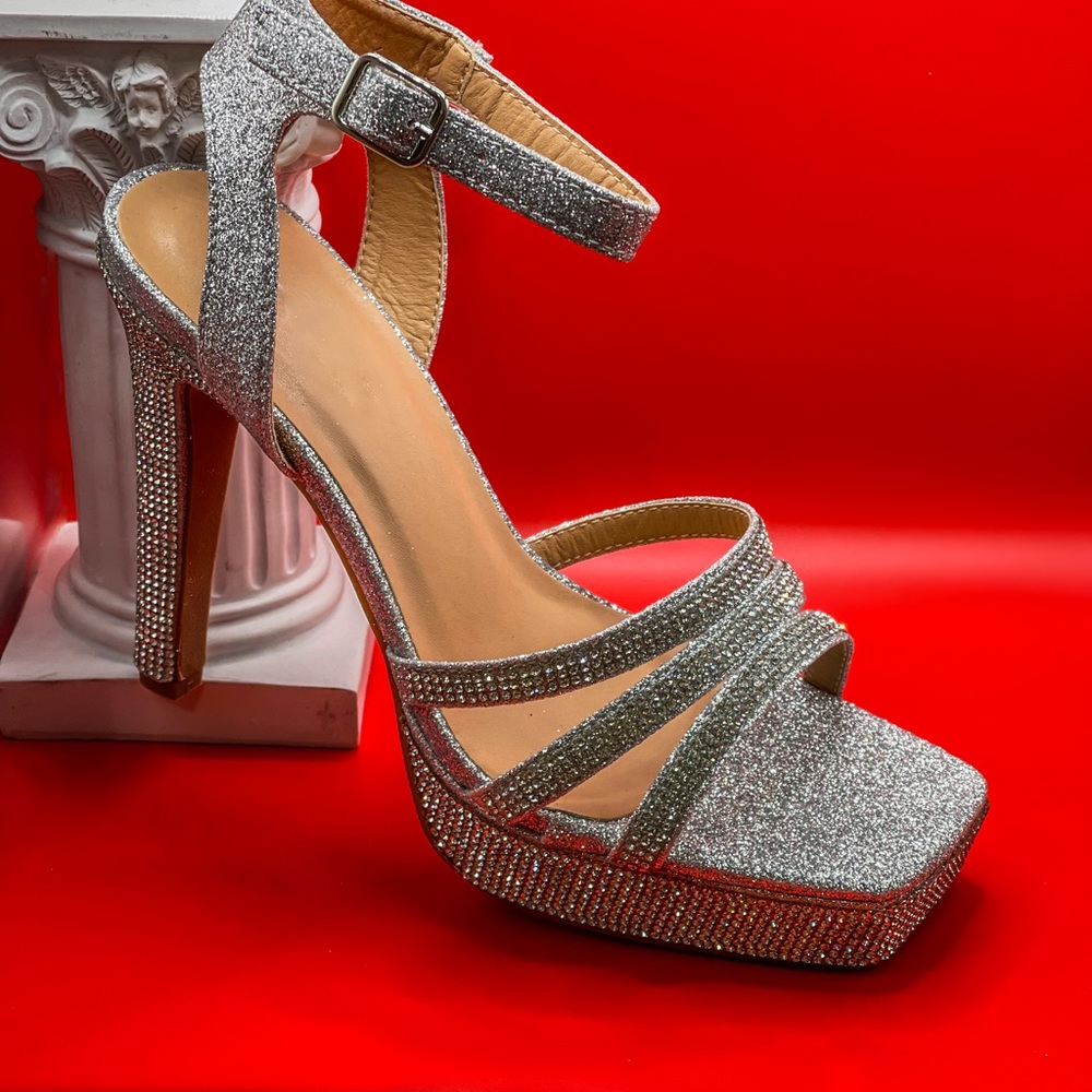Silver rhinestone heels